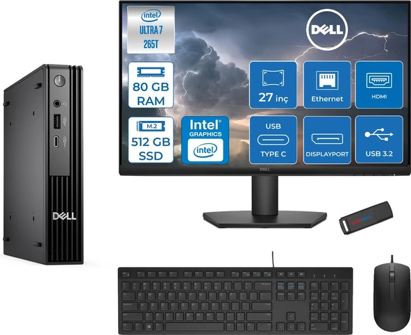 Dell Pc Pro Mıcro QCM1250 Intel® Ultra 7 265T 80GB Ddr5 512GB SSD Intel® Graphicsdell 27 Inç Fhd Mon.  Freedos Mini Masaüstü Bilgisayar BTO10727F27+ZETTAUSBBELLEK ürün görseli 1