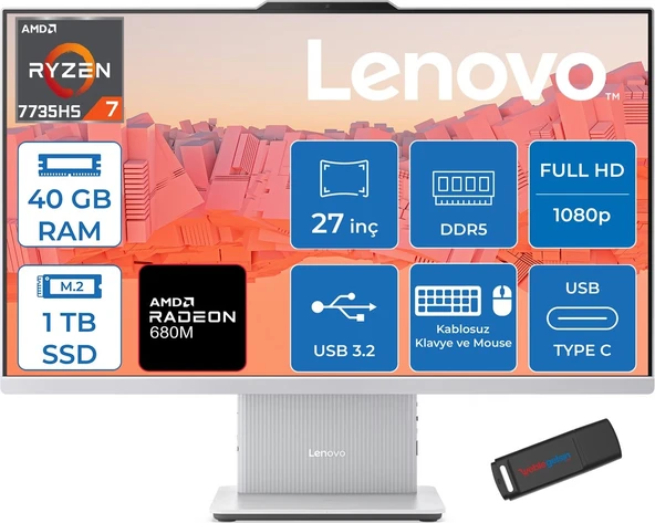 Lenovo Ideacentre Aıo 27ARR9 Amd Ryzen 7 7735HS 40GB Ddr5 1tb SSD Freedos Radeon 680M 27 Inç Fhd (1920X1080) IPS 300NITS Bulut Gri All In One Bilgisayar ICF0HQ008GTRF18 + Zetta Flash Bellek ürün görseli 1