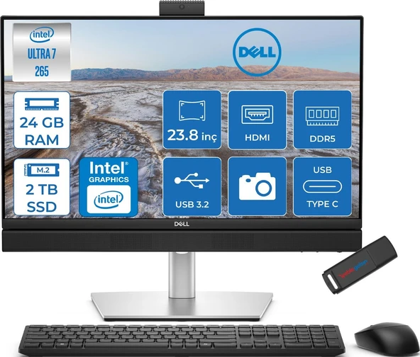 Dell Pro Plus All-In-One Intel Core Ultra 7 265 5.3ghz 24GB Ddr5 2tb SSD Intel Aı Boost Freedos 23.8'' Fullhd (1920 x 1080) Bilgisayar BTO103QB24250F09 + Zetta Flash Bellek ürün görseli 1