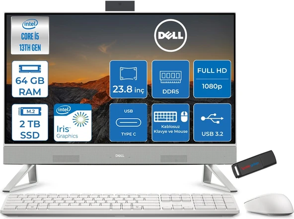 Dell 24 All-In-One Intel Core I5 1334U 4.6ghz 64GB Ddr5 2tb SSD Freedos Iris Xe Graphics 23.8 Inç Fullhd (1920X1080) Wva All In One Bilgisayar NTEC24250U29 + Zetta Flash Bellek ürün görseli 1