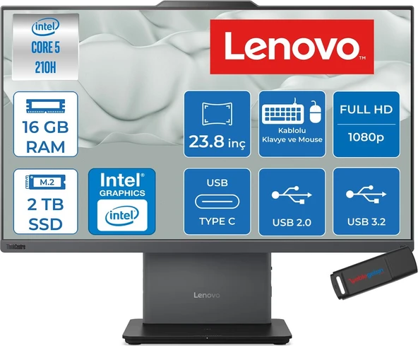 Lenovo Neo 50A Thinkcentre Intel Core 5 210H 4.8ghz 16GB 2tb SSD Intel Graphics 23.8" Fhd IPS 250NITS 99% Srgb Freedos All In One Bilgisayar 12SC004VTRF03 + Zettausb ürün görseli 1