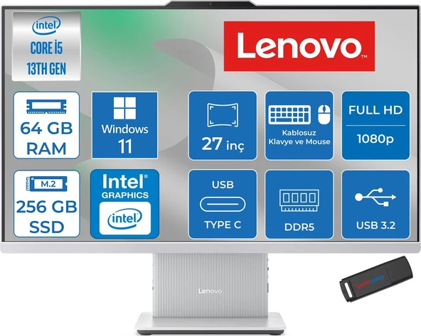 Lenovo Ideacentre Aıo 27IRH9  Intel Core I5-13420H 4.6ghz 64GB Ddr5 256GB SSD 27" Fhd (1920X1080) IPS 300NITS 99% Srgb WIN11PRO All-In-One Bilgisayar F0HM0046TRP21+ZETTAÇANTA ürün görseli 1