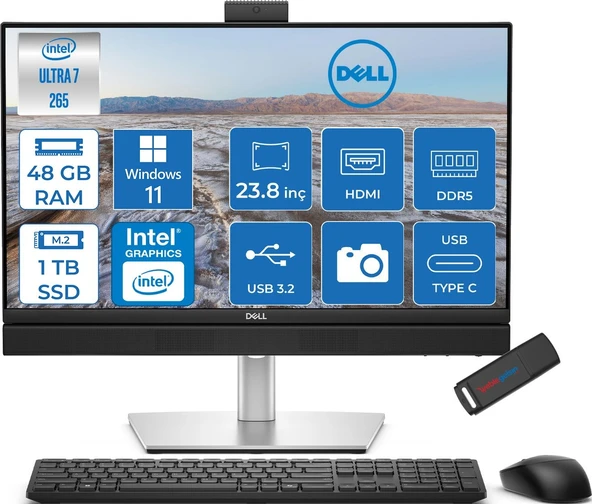 Dell Pro Plus All-In-One Intel Core Ultra 7 265 5.3ghz 48GB Ddr5 1tb SSD Intel Aı Boost Windows 11 Pro 23.8'' Fullhd (1920 x 1080) Bilgisayar BTO103QB24250P26 + Zetta Flash Bellek ürün görseli 1