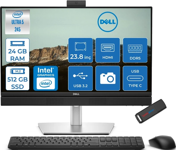 Dell Pro Plus All-In-One Intel Core Ultra 5 245 5.1ghz 24GB Ddr5 512GB SSD Intel Aı Boost Freedos 23.8'' Fullhd (1920 x 1080) Bilgisayar BTO101QB24250F07 + Zetta Flash Bellek ürün görseli 1