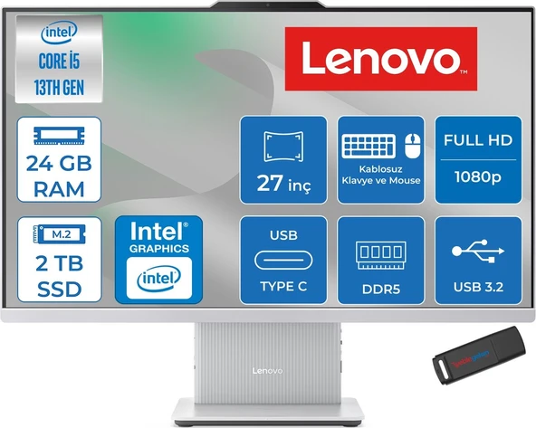 Lenovo Ideacentre Aıo 27IRH9  Intel Core I5-13420H 4.6ghz 24GB Ddr5 2tb SSD 27" Fhd (1920X1080) IPS 300NITS 99% Srgb Freedos All-In-One Bilgisayar F0HM0046TRF09+ZETTAÇANTA ürün görseli 1