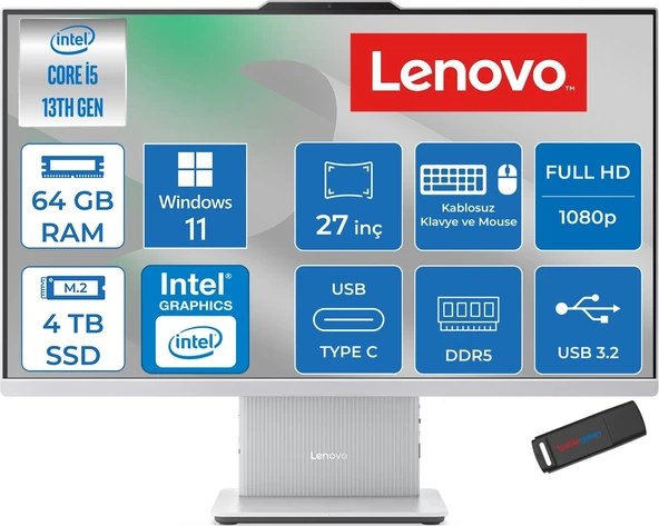 Lenovo Ideacentre Aıo 27IRH9  Intel Core I5-13420H 4.6ghz 64GB Ddr5 4tb SSD 27" Fhd (1920X1080) IPS 300NITS 99% Srgb WIN11PRO All-In-One Bilgisayar F0HM0046TRP25+ZETTAÇANTA ürün görseli 1