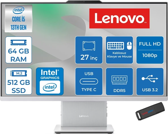 Lenovo Ideacentre Aıo 27IRH9  Intel Core I5-13420H 4.6ghz 64GB Ddr5 512GB SSD 27" Fhd (1920X1080) IPS 300NITS 99% Srgb Freedos All-In-One Bilgisayar F0HM0046TRF22+ZETTAÇANTA ürün görseli 1