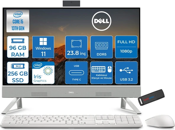 Dell 24 All-In-One Intel Core I5 1334U 4.6ghz 96GB Ddr5 256GB SSD Windows 11 Pro Iris Xe Graphics 23.8 Inç Fullhd (1920X1080) Wva All In One Bilgisayar NTEC24250P36 + Zetta Flash Bellek ürün görseli 1