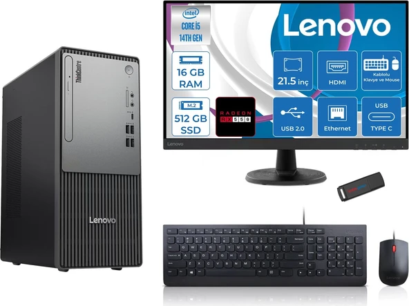 Lenovo Thinkcentre Neo 50T Gen5 Intel Core I5 14400 16GB Ddr5 512GB SSD 21.5 Inç Monitör Freedos Radeon RX550 4gb Masaüstü Bilgisayar 5502112UAS1CF00F02 + Zetta Flash Bellek ürün görseli 1