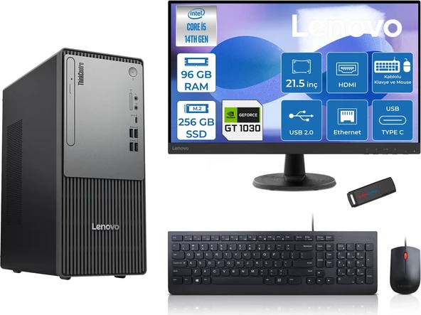 Lenovo Thinkcentre Neo 50T Gen5 Intel Core I5 14400 96GB Ddr5 256GB SSD 21.5 Inç Monitör Freedos Nvidia GT1030 4gb Masaüstü Bilgisayar 10302112UAS1CF00F26 + Zetta Flash Bellek ürün görseli 1