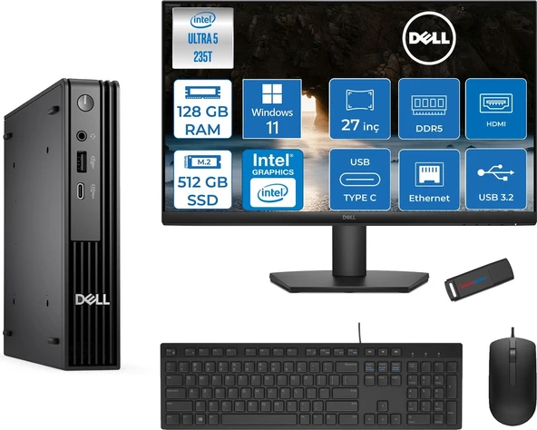 Dell Pc Pro Mıcro QCM1250 Intel® Ultra 5 235T 128GB Ddr5 512GB SSD Intel® Graphicsdell 27 Inç Fhd Mon.  WIN11PRO Mini Masaüstü Bilgisayar BTO10627P37+ZETTAUSBBELLEK ürün görseli 1