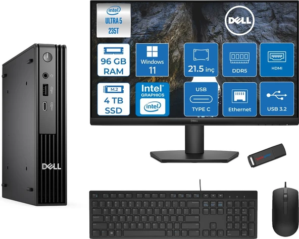 Dell Pc Pro Mıcro QCM1250 Intel® Ultra 5 235T 96GB Ddr5 4tb SSD Intel® GRAPHICS21.5 Dell Monitör Fhd  WIN11PRO Mini Masaüstü Bilgisayar BTO10621P35+ZETTAUSBBELLEK ürün görseli 1