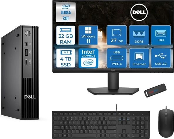 Dell Pc Pro Mıcro QCM1250 Intel® Ultra 5 235T 32GB Ddr5 4tb SSD Intel® Graphicsdell 27 Inç Fhd Mon.  WIN11HOME Mini Masaüstü Bilgisayar BTO10627H15+ZETTAUSBBELLEK ürün görseli 1
