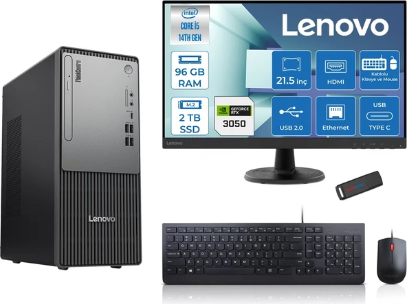 Lenovo Thinkcentre Neo 50T Gen5 Intel Core I5 14400 96GB Ddr5 2tb SSD 21.5 Inç Monitör Freedos Nvidia RTX3050 6gb Masaüstü Bilgisayar 30502112UAS1CF00F29 + Zetta Flash Bellek ürün görseli 1