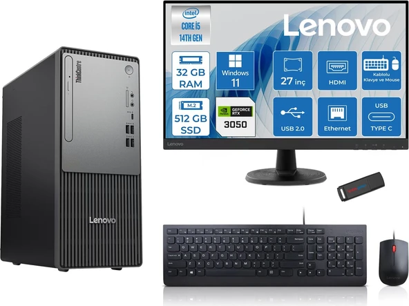 Lenovo Thinkcentre Neo 50T Gen5 Intel Core I5 14400 32GB Ddr5 512GB SSD 27 Inç Monitör Windows 11 Home Nvidia RTX3050 6gb Masaüstü Bilgisayar 30502712UAS1CF00H12 + Zetta Flash Bellek ürün görseli 1