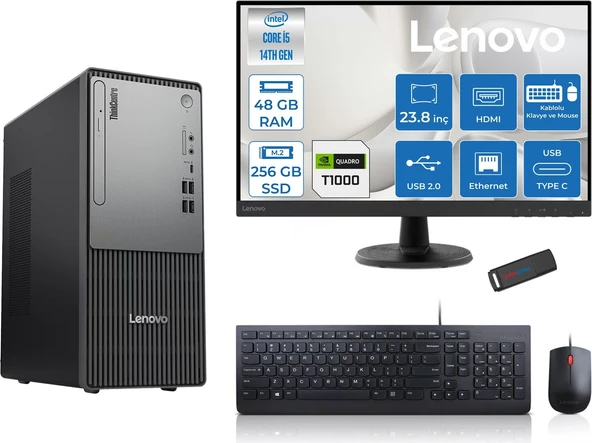 Lenovo Thinkcentre Neo 50T Gen5 Intel Core I5 14400 48GB Ddr5 256GB SSD 23.8 Inç Monitör Freedos Quadro T1000 4gb Masaüstü Bilgisayar 10002412UAS1CF00F16 + Zetta Flash Bellek ürün görseli 1