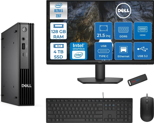 Dell Pc Pro Mıcro QCM1250 Intel® Ultra 5 235T 128GB Ddr5 4tb SSD Intel® GRAPHICS21.5 Dell Monitör Fhd  Freedos Mini Masaüstü Bilgisayar BTO10621F40+ZETTAUSBBELLEK ürün görseli 1