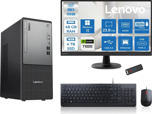 Lenovo Thinkcentre Neo 50T Gen5 Intel Core I5 14400 48GB Ddr5 4tb SSD 23.8 Inç Monitör Windows 11 Home Quadro T1000 4gb Masaüstü Bilgisayar 10002412UAS1CF00H20 + Zetta Flash Bellek ürün görseli 1