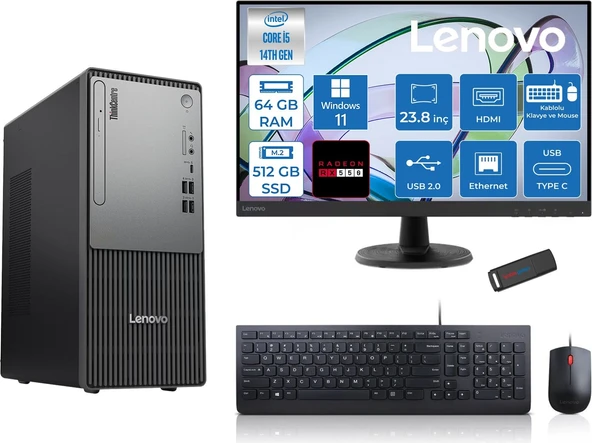 Lenovo Thinkcentre Neo 50T Gen5 Intel Core I5 14400 64GB Ddr5 512GB SSD 23.8 Inç Monitör Windows 11 Pro Radeon RX550 4gb Masaüstü Bilgisayar 5502412UAS1CF00P22 + Zetta Flash Bellek ürün görseli 1