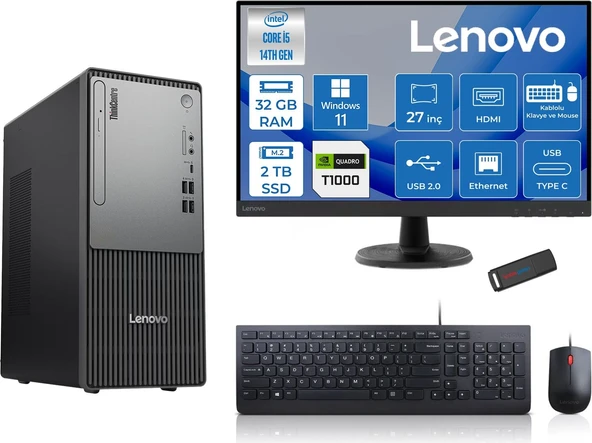 Lenovo Thinkcentre Neo 50T Gen5 Intel Core I5 14400 32GB Ddr5 2tb SSD 27 Inç Monitör Windows 11 Pro Quadro T1000 4gb Masaüstü Bilgisayar 10002712UAS1CF00P14 + Zetta Flash Bellek ürün görseli 1