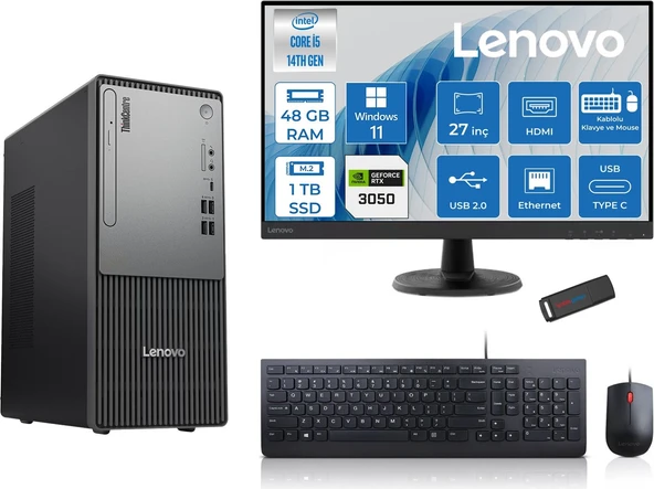 Lenovo Thinkcentre Neo 50T Gen5 Intel Core I5 14400 48GB Ddr5 1tb SSD 27 Inç Monitör Windows 11 Pro Nvidia RTX3050 6gb Masaüstü Bilgisayar 30502712UAS1CF00P18 + Zetta Flash Bellek ürün görseli 1