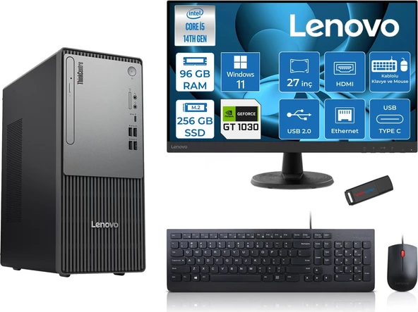 Lenovo Thinkcentre Neo 50T Gen5 Intel Core I5 14400 96GB Ddr5 256GB SSD 27 Inç Monitör Windows 11 Pro Nvidia GT1030 4gb Masaüstü Bilgisayar 10302712UAS1CF00P26 + Zetta Flash Bellek ürün görseli 1