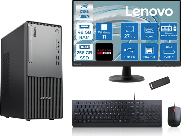 Lenovo Thinkcentre Neo 50T Gen5 Intel Core I5 14400 48GB Ddr5 256GB SSD 27 Inç Monitör Windows 11 Home Radeon RX550 4gb Masaüstü Bilgisayar 5502712UAS1CF00H16 + Zetta Flash Bellek ürün görseli 1