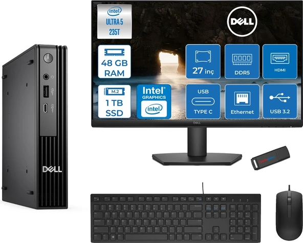 Dell Pc Pro Mıcro QCM1250 Intel® Ultra 5 235T 48GB Ddr5 1tb SSD Intel® Graphicsdell 27 Inç Fhd Mon.  Freedos Mini Masaüstü Bilgisayar BTO10627F18+ZETTAUSBBELLEK ürün görseli 1