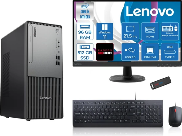 Lenovo Thinkcentre Neo 50T Gen5 Intel Core I5 14400 96GB Ddr5 512GB SSD 21.5 Inç Monitör Windows 11 Pro Radeon RX550 4gb Masaüstü Bilgisayar 5502112UAS1CF00P27 + Zetta Flash Bellek ürün görseli 1