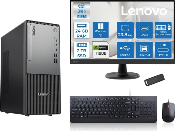 Lenovo Thinkcentre Neo 50T Gen5 Intel Core I5 14400 24GB Ddr5 2tb SSD 23.8 Inç Monitör Windows 11 Home Quadro T1000 4gb Masaüstü Bilgisayar 10002412UAS1CF00H09 + Zetta Flash Bellek ürün görseli 1