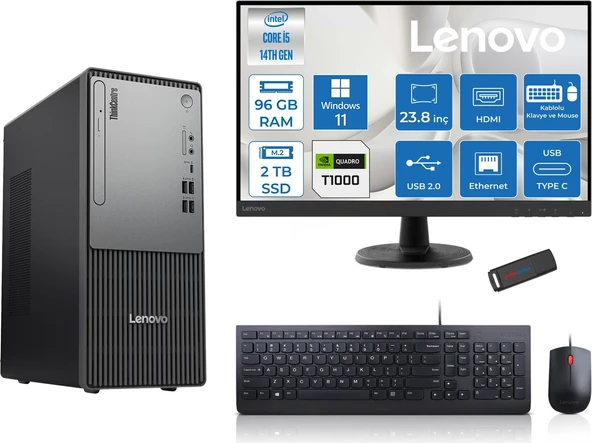 Lenovo Thinkcentre Neo 50T Gen5 Intel Core I5 14400 96GB Ddr5 2tb SSD 23.8 Inç Monitör Windows 11 Home Quadro T1000 4gb Masaüstü Bilgisayar 10002412UAS1CF00H29 + Zetta Flash Bellek ürün görseli 1