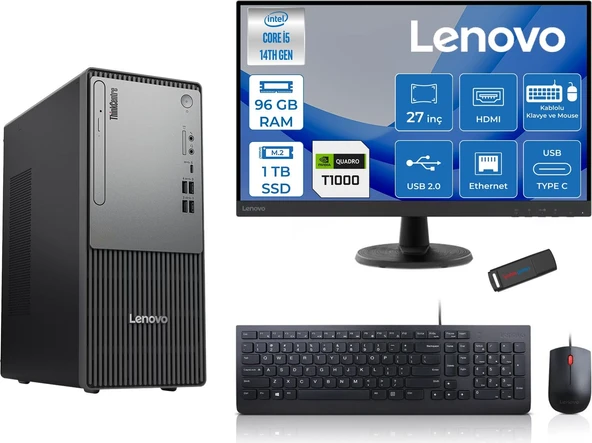 Lenovo Thinkcentre Neo 50T Gen5 Intel Core I5 14400 96GB Ddr5 1tb SSD 27 Inç Monitör Freedos Quadro T1000 4gb Masaüstü Bilgisayar 10002712UAS1CF00F28 + Zetta Flash Bellek ürün görseli 1