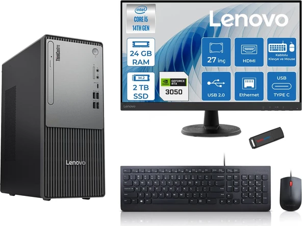 Lenovo Thinkcentre Neo 50T Gen5 Intel Core I5 14400 24GB Ddr5 2tb SSD 27 Inç Monitör Freedos Nvidia RTX3050 6gb Masaüstü Bilgisayar 30502712UAS1CF00F09 + Zetta Flash Bellek ürün görseli 1