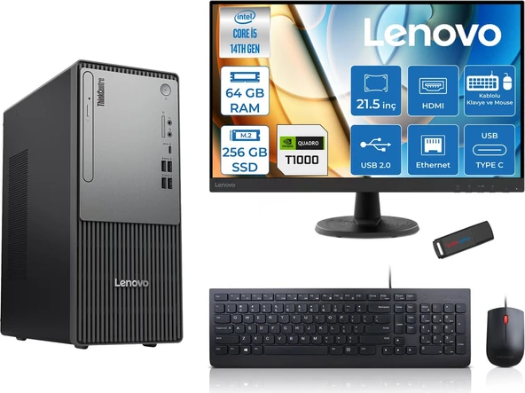 Lenovo Thinkcentre Neo 50T Gen5 Intel Core I5 14400 64GB Ddr5 256GB SSD 21.5 Inç Monitör Freedos Quadro T1000 4gb Masaüstü Bilgisayar 10002112UAS1CF00F21 + Zetta Flash Bellek ürün görseli 1