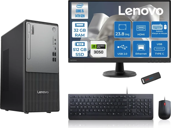 Lenovo Thinkcentre Neo 50T Gen5 Intel Core I5 14400 32GB Ddr5 512GB SSD 23.8 Inç Monitör Freedos Nvidia RTX3050 6gb Masaüstü Bilgisayar 30502412UAS1CF00F12 + Zetta Flash Bellek ürün görseli 1