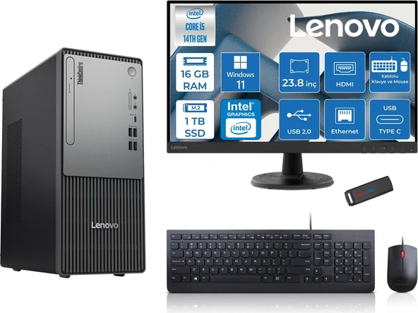 Lenovo Thinkcentre Neo 50T Gen5 Intel Core I5 14400 16GB Ddr5 1tb SSD 23.8 Inç Monitör Windows 11 Pro Intel UHD 730 Masaüstü Bilgisayar 2412UAS1CF00P03 + Zetta Flash Bellek ürün görseli 1
