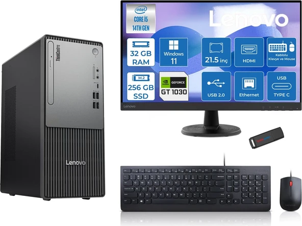 Lenovo Thinkcentre Neo 50T Gen5 Intel Core I5 14400 32GB Ddr5 256GB SSD 21.5 Inç Monitör Windows 11 Pro Nvidia GT1030 4gb Masaüstü Bilgisayar 10302112UAS1CF00P11 + Zetta Flash Bellek ürün görseli 1