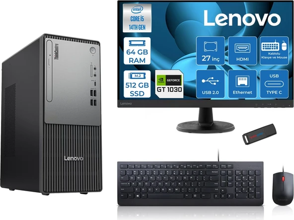 Lenovo Thinkcentre Neo 50T Gen5 Intel Core I5 14400 64GB Ddr5 512GB SSD 27 Inç Monitör Freedos Nvidia GT1030 4gb Masaüstü Bilgisayar 10302712UAS1CF00F22 + Zetta Flash Bellek ürün görseli 1