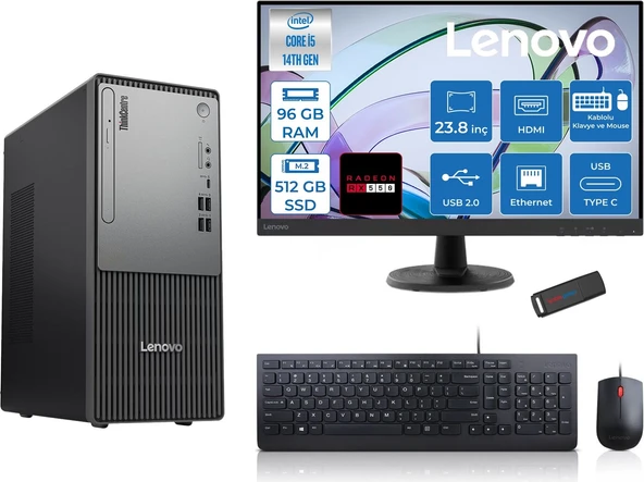 Lenovo Thinkcentre Neo 50T Gen5 Intel Core I5 14400 96GB Ddr5 512GB SSD 23.8 Inç Monitör Freedos Radeon RX550 4gb Masaüstü Bilgisayar 5502412UAS1CF00F27 + Zetta Flash Bellek ürün görseli 1