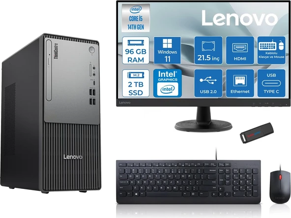 Lenovo Thinkcentre Neo 50T Gen5 Intel Core I5 14400 96GB Ddr5 2tb SSD 21.5 Inç Monitör Windows 11 Pro Intel UHD 730 Masaüstü Bilgisayar 2112UAS1CF00P29 + Zetta Flash Bellek ürün görseli 1