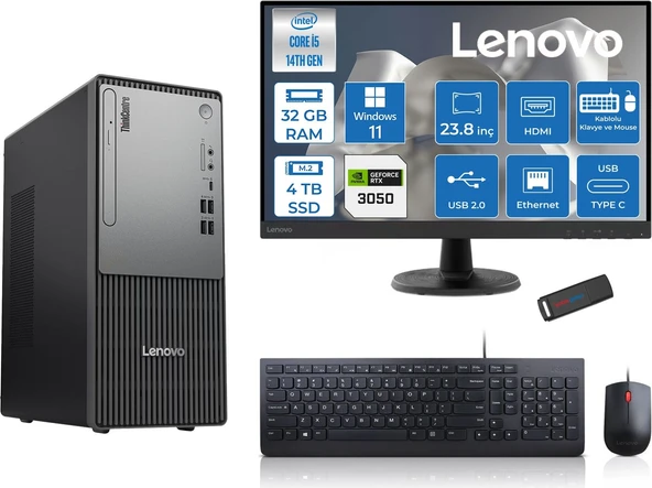 Lenovo Thinkcentre Neo 50T Gen5 Intel Core I5 14400 32GB Ddr5 4tb SSD 23.8 Inç Monitör Windows 11 Pro Nvidia RTX3050 6gb Masaüstü Bilgisayar 30502412UAS1CF00P15 + Zetta Flash Bellek ürün görseli 1