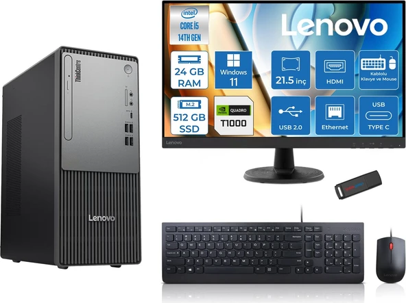 Lenovo Thinkcentre Neo 50T Gen5 Intel Core I5 14400 24GB Ddr5 512GB SSD 21.5 Inç Monitör Windows 11 Pro Quadro T1000 4gb Masaüstü Bilgisayar 10002112UAS1CF00P07 + Zetta Flash Bellek ürün görseli 1