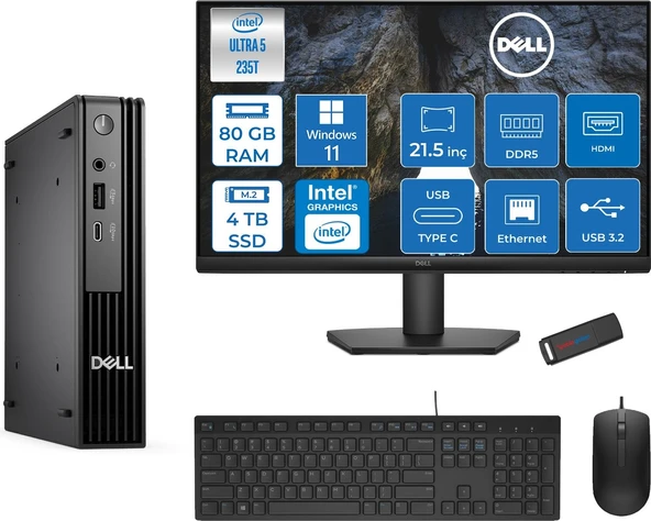 Dell Pc Pro Mıcro QCM1250 Intel® Ultra 5 235T 80GB Ddr5 4tb SSD Intel® GRAPHICS21.5 Dell Monitör Fhd  WIN11HOME Mini Masaüstü Bilgisayar BTO10621H30+ZETTAUSBBELLEK ürün görseli 1