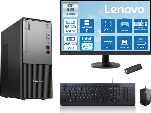Lenovo Thinkcentre Neo 50T Gen5 Intel Core I5 14400 96GB Ddr5 256GB SSD 27 Inç Monitör Windows 11 Home Intel UHD 730 Masaüstü Bilgisayar 2712UAS1CF00H26 + Zetta Flash Bellek ürün görseli 1