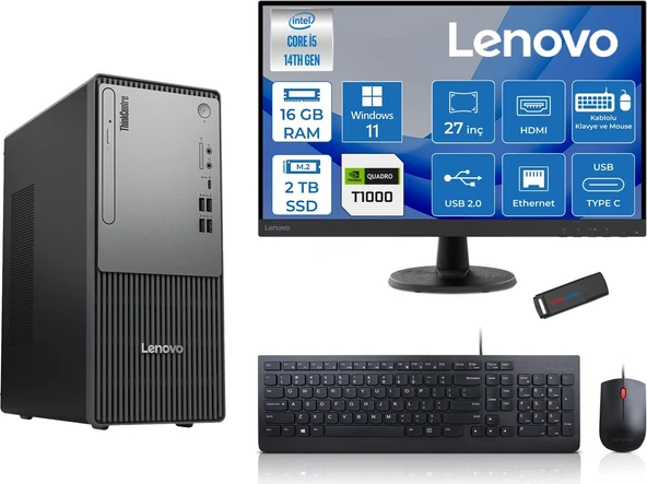 Lenovo Thinkcentre Neo 50T Gen5 Intel Core I5 14400 16GB Ddr5 2tb SSD 27 Inç Monitör Windows 11 Pro Quadro T1000 4gb Masaüstü Bilgisayar 10002712UAS1CF00P04 + Zetta Flash Bellek ürün görseli 1