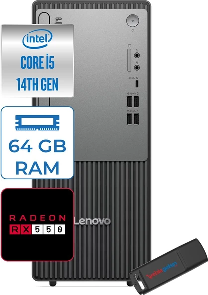Lenovo Thinkcentre Neo 50T Gen5 Intel Core I5 14400 64GB Ddr5 256GB SSD Freedos Radeon RX550 4gb Masaüstü Bilgisayar 55012UAS1CF00F21 + Zetta Flash Bellek ürün görseli 1