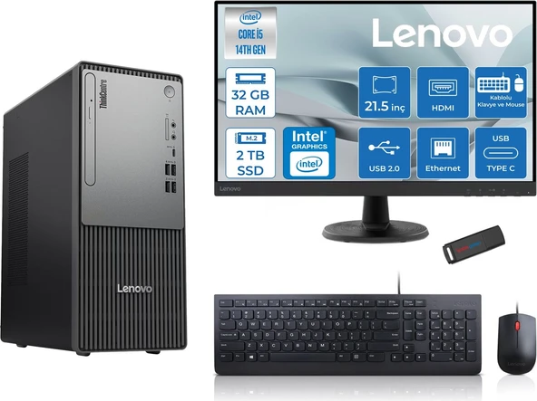 Lenovo Thinkcentre Neo 50T Gen5 Intel Core I5 14400 32GB Ddr5 2tb SSD 21.5 Inç Monitör Freedos Intel UHD 730 Masaüstü Bilgisayar 2112UAS1CF00F14 + Zetta Flash Bellek ürün görseli 1