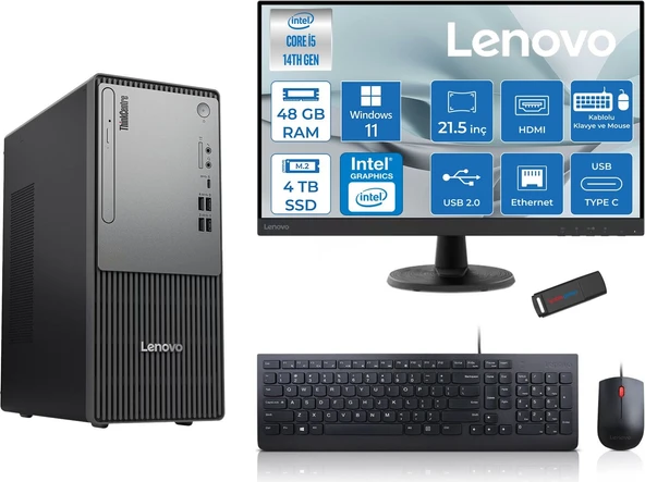 Lenovo Thinkcentre Neo 50T Gen5 Intel Core I5 14400 48GB Ddr5 4tb SSD 21.5 Inç Monitör Windows 11 Home Intel UHD 730 Masaüstü Bilgisayar 2112UAS1CF00H20 + Zetta Flash Bellek ürün görseli 1