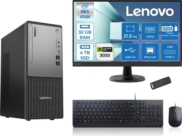 Lenovo Thinkcentre Neo 50T Gen5 Intel Core I5 14400 32GB Ddr5 4tb SSD 21.5 Inç Monitör Freedos Nvidia RTX3050 6gb Masaüstü Bilgisayar 30502112UAS1CF00F15 + Zetta Flash Bellek ürün görseli 1