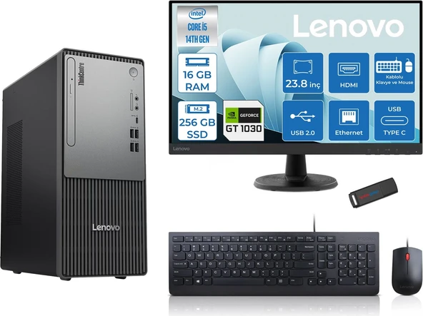 Lenovo Thinkcentre Neo 50T Gen5 Intel Core I5 14400 16GB Ddr5 256GB SSD 23.8 Inç Monitör Freedos Nvidia GT1030 4gb Masaüstü Bilgisayar 10302412UAS1CF00F01 + Zetta Flash Bellek ürün görseli 1